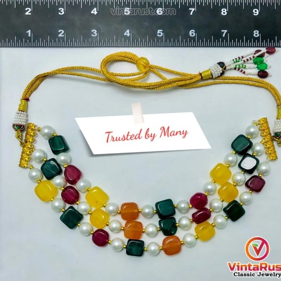 Handcrafted Colorful Stones and Pearls Choker Necklace Beaded Choker Necklace - Picture 9 of 10